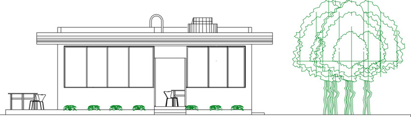 vector sketch illustration of architectural engineering design drawing Coffee Plans, Elevations And Sections