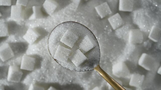 White granulated sugar in spoon in the background pile sugar cubes, top view, close up, rotates. The concept of unhealthy eating, obesity, heart disease, diabetes
