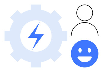Fototapeta premium Gear with power bolt symbolizes energy and productivity. Two user icons, one neutral and one smiling, represent engagement. Ideal for workflow, teamwork, energy, user experience, innovation