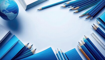 Creative workspace filled with blue stationery items and a globe for educational projects