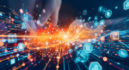 Human Hand Interacting with Glowing Digital Network, Data Flow, and Futuristic Technology Connections