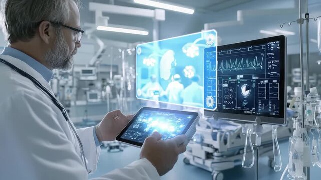 Doctor using digital tablet with futuristic medical interface and patient monitor hospital intensive care unit healthcare technology equipment