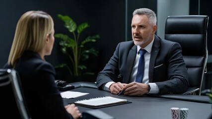Business office meeting with professional negotiation and discussion in modern setting featuring suit and tie attire for focused communication - Powered by Adobe