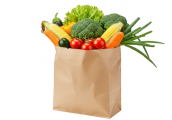 Brown paper grocery bag filled with fresh vegetables isolated on transparent background