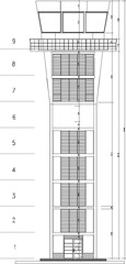 Vector sketch illustration of architectural engineering design drawing section view of building facade Plans Air Control Tower to guide aircraft taking off and landing at the airport
