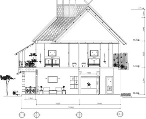 Vector sketch illustration of architectural engineering design drawing, site plan layout, facade section view, classic, vintage, ethnic, traditional, modern, multi-storey residential house 