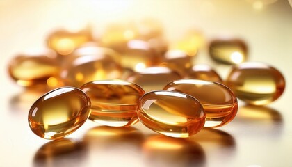 Translucent yellow-orange pills scattered on a reflective surface in natural light