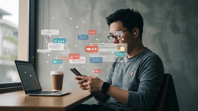 Man using phone with digital message icons floating around him