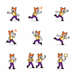 Cute cartoon character set of various actions and expressions, including running, questioning, pointing, and holding a sign, isolated on white.