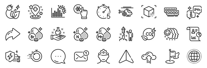 Bromine mineral, Green energy and Fireworks line icons pack. Share, Message, Paper plane icons. Manganese mineral, Fast recovery, Ram web icon. Vector