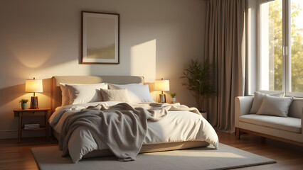 Cozy Minimalist Bedroom with Soft Lighting and Fluffy Blanket