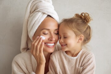 Mom Skincare. Happy Mother and Child Morning Routine for Clean and Healthy Face