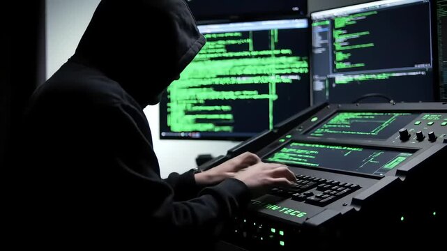 Anonymous Hacker in Action: A hooded figure intensely engaged in a clandestine activity, skillfully manipulating complex data displayed on multiple computer screens.