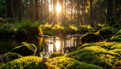 Sunlit stream in a mossy forest, reflecting the golden hour