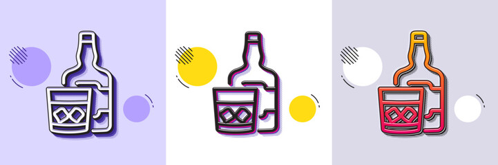 Whiskey glass with ice cubes line icon. Halftone dotted pattern. Gradient icon with grain shadow. Scotch alcohol sign. Line whiskey glass icon. Various designs. Vector