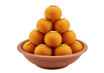 Pyramid stack of orange laddu sweets in a bowl isolated on transparent background