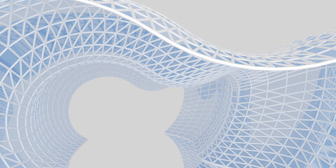 3d rendering of abstract architectural wave structure with a white and blue grid mesh. Futuristic design with flowing curves and open form.