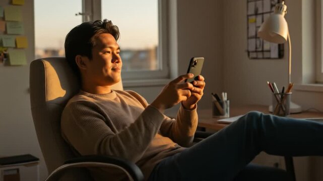 Young man relaxing in a chair looking at his phone in a sunlit room