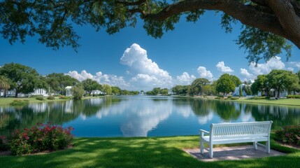 Fototapeta premium Peaceful Lake Scene with Clear Blue Sky and Lush Greenery