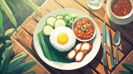 Sunny outdoor meal rice, egg, meat, sauce, cucumber.