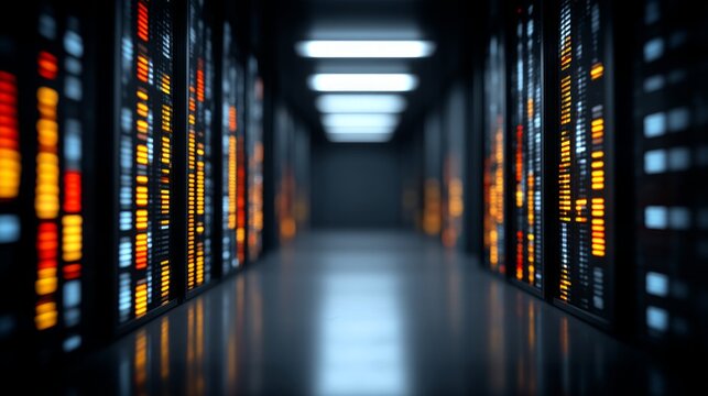 Rows of server racks with illuminated panels in a data center - Powered by Adobe