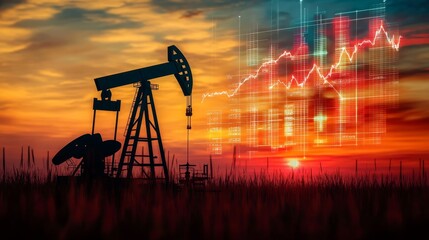 Pumpjack Silhouette Set Against a Dramatic Sunset, Reflecting Economic Volatility in Oil Markets