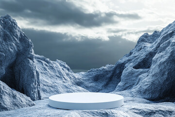 Empty white podium on a rocky mountain landscape with dramatic cloudy sky
