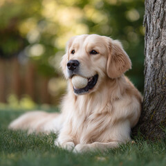 Obraz premium Golden retriever resting by a tree with ball. A symbol of companionship, loyalty, and joyful moments. Ideal for petrelated content, lifestyle, or heartfelt stories.