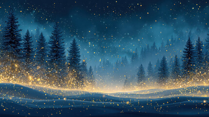Magical snowy forest with sparkling golden lights at night creating festive winter wonderland atmosphere, serene and enchanting scene. Copy space