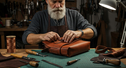 Leather craftsman handcrafting product in workshop