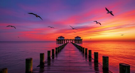 Picturesque Sunset Over Ocean Pier with Vibrant Sky