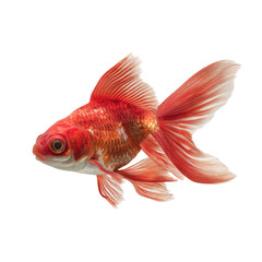 Side view of a vibrant orange-red goldfish.  Large, feathery tail and fins