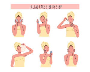 Girl making facial care procedures Process steps infographic. Facial cleaning, mask, moisturizing and makeup removing skincare procedures. Skincare routine step by step. illustration poster education