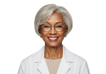 Smiling elderly woman doctor wearing glasses isolated on transparent background