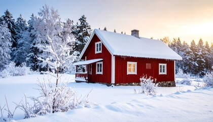 Red cabin in snowy landscape