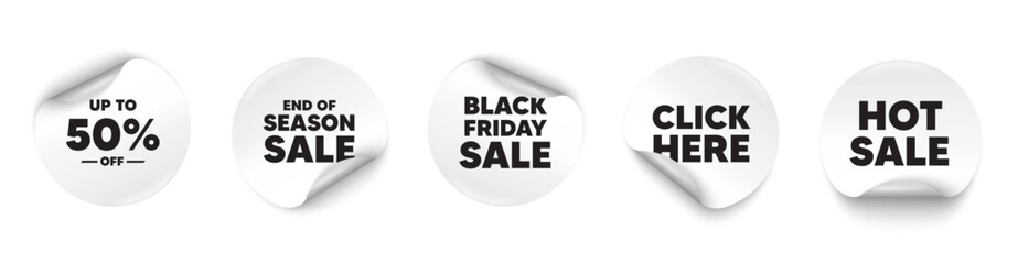 Discount tag sticker tag. Season sale, Black friday paper price banners. Up to 50 percent off sale. Discount offer price sign. Special offer symbol. Save 50 percentages. Click here sticker. Vector