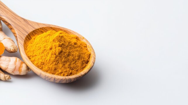 Commercial poster of ground turmeric in a rustic wooden spoon, golden hues contrasting a clean white backdrop,