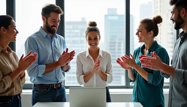 A diverse group of happy business professionals stands in a modern office, clapping their hands in celebration of a successful achievement.