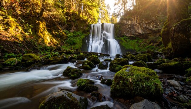 Sunlit waterfall cascading over moss-covered rocks into a slow-moving stream