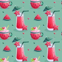 Seamless pattern with watermelon drink, dessert in a cup, slice of watermelon. The concept of a summer, cafe, restaurant. Vector illustration of the design of postcards, clothing, textiles, banners
