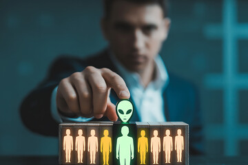 Man places alien figure among human silhouettes on a digital display