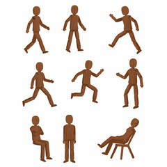 Set of diverse wooden mannequin figures illustrating various human actions and poses like walking, running, jumping, sitting, and standing, isolated on white.