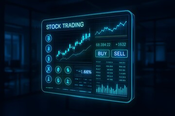 Futuristic Stock Trading Dashboard UI Glowing with Neon Charts and Crypto Data in Dark Fintech Office — 3D Render Concept