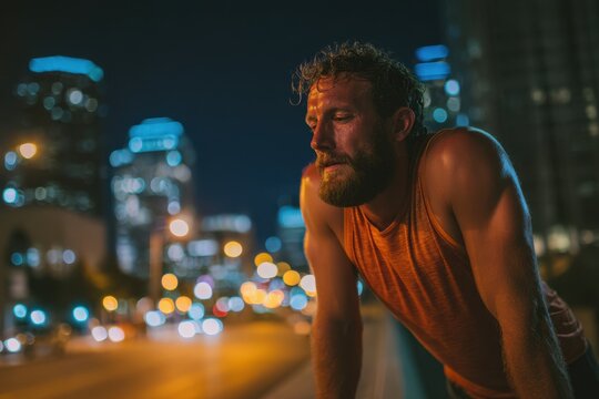 Night Runner. Male Runner Resting After Night Workout in the City, Feeling Sleepy and Exhausted
