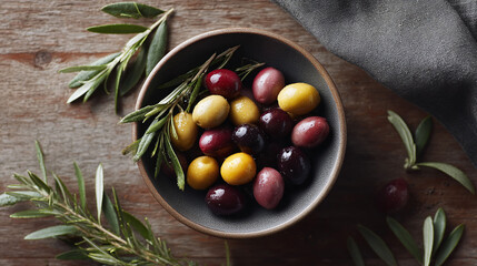 A bowl of colorful olives, garnished with rosemary, on a rustic wooden table. Represents healthy eating, fresh ingredients, and Mediterranean cuisine. Ideal for food blogs or culinary projects.