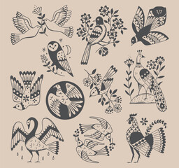 Folk art ornament pattern bird flying high, holding flower in beak isolated vector illustration set