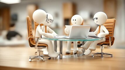 Stick figures in office meeting with laptop