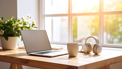 Laptop notebook coffee cup and headphones on wooden desk near window with sunlight and plant