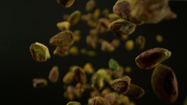 Super Slow Motion Shot of Peeled Pistachio Nuts Falling Around Camera at 1000fps.