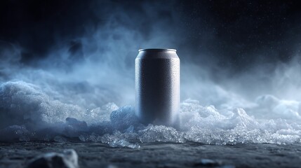 Frosted Aluminum Can Buried in Crushed Ice on a Dark Background